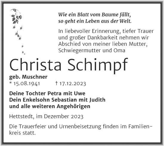 Traueranzeige von Christa Schimpf von Mitteldeutsche Zeitung Mansfelder Land
