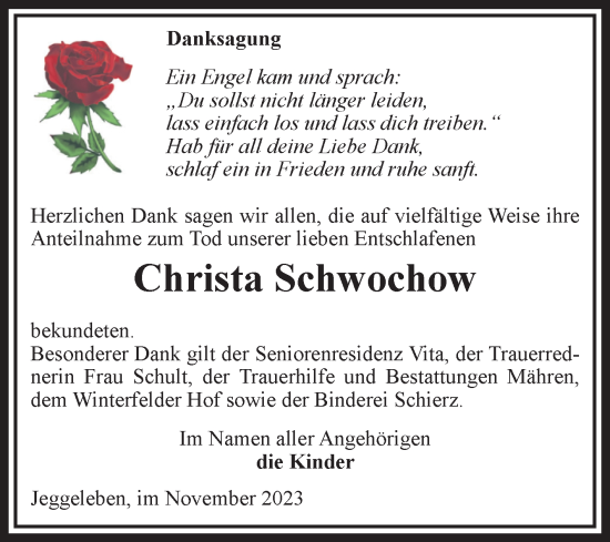 Traueranzeige von Christa Schwochow von Volksstimme Altmark West
