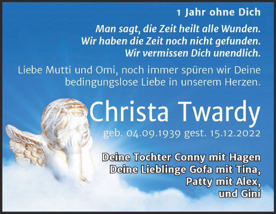 Traueranzeige von Christa Twardy von Trauerkombi Wittenberg