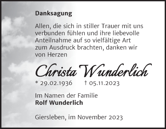 Traueranzeige von Christa Wunderlich von Trauerkombi Aschersleben