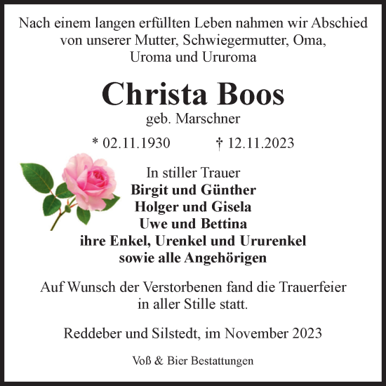 Traueranzeige von Christa Boos Marschner von Volksstimme Wernigerode