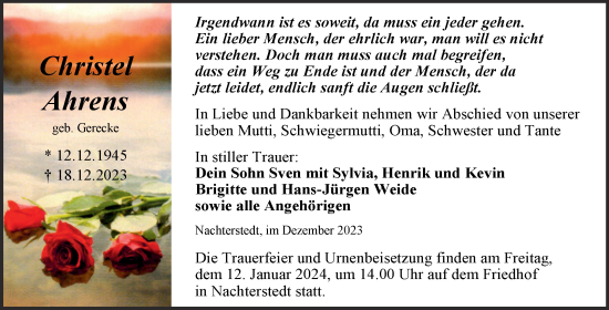 Traueranzeige von Christel Ahrens von Trauerkombi Aschersleben