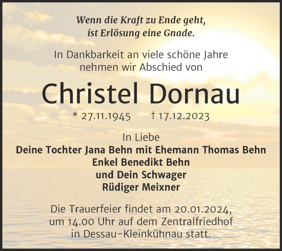 Traueranzeige von Christel Dornau von Trauerkombi Dessau