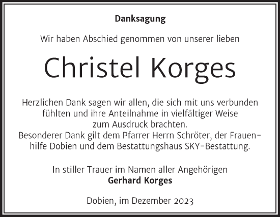 Traueranzeige von Christel Korges von Trauerkombi Wittenberg