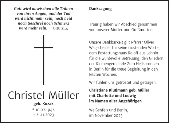 Traueranzeige von Christel Müller von Mitteldeutsche Zeitung Weißenfels
