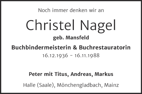 Traueranzeige von Christel Nagel von Mitteldeutsche Zeitung Halle/Saalkreis