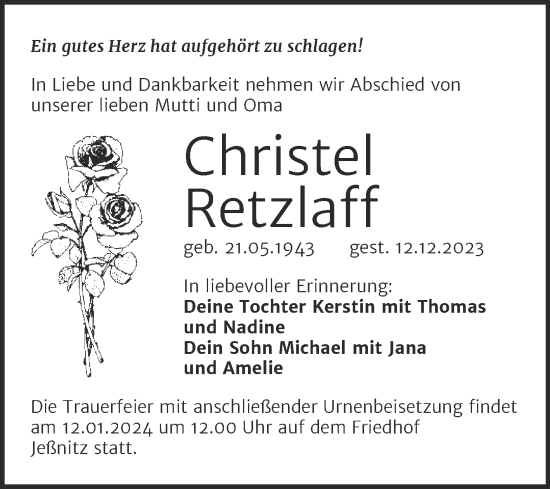 Traueranzeige von Christel Retzlaff von Trauerkombi Bitterfeld