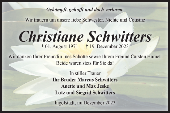 Traueranzeige von Christiane Schwitters von Volksstimme Burg/Genthin