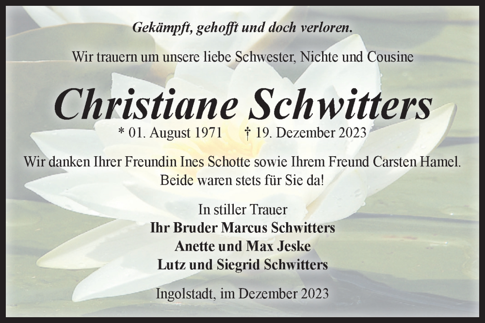  Traueranzeige für Christiane Schwitters vom 30.12.2023 aus Volksstimme Burg/Genthin