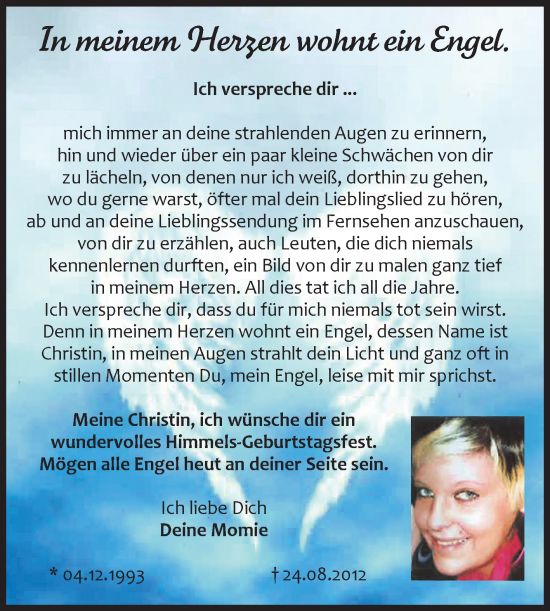 Traueranzeige von Christin  von Volksstimme Magdeburg