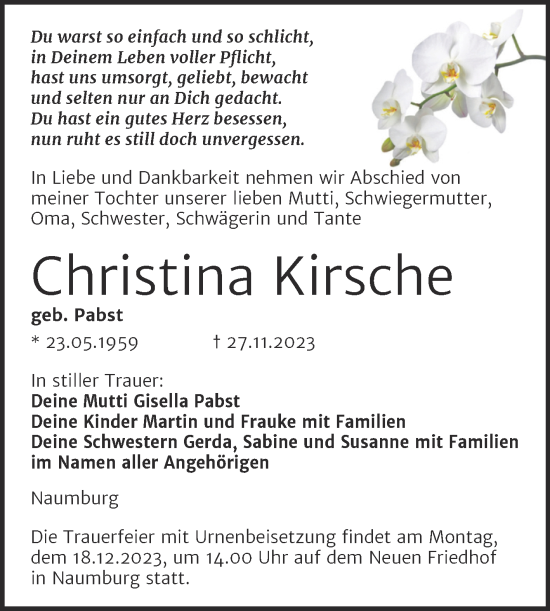 Traueranzeige von Christina Kirsche von Wochenspiegel Naumburg/Nebra