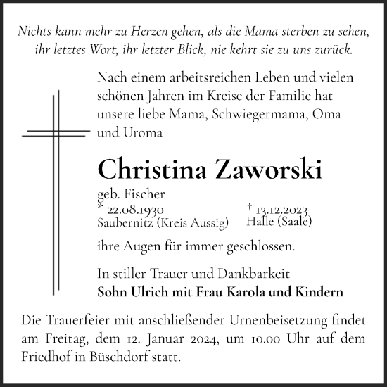 Traueranzeige von Christina Zaworski von Mitteldeutsche Zeitung Bitterfeld