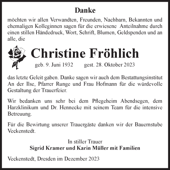 Traueranzeige von Christine Fröhlich von Volksstimme Wernigerode