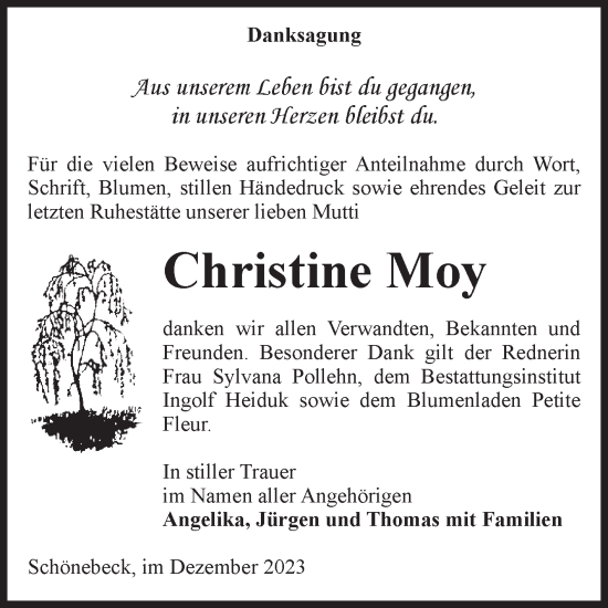 Traueranzeige von Christine Moy von Volksstimme Schönebeck