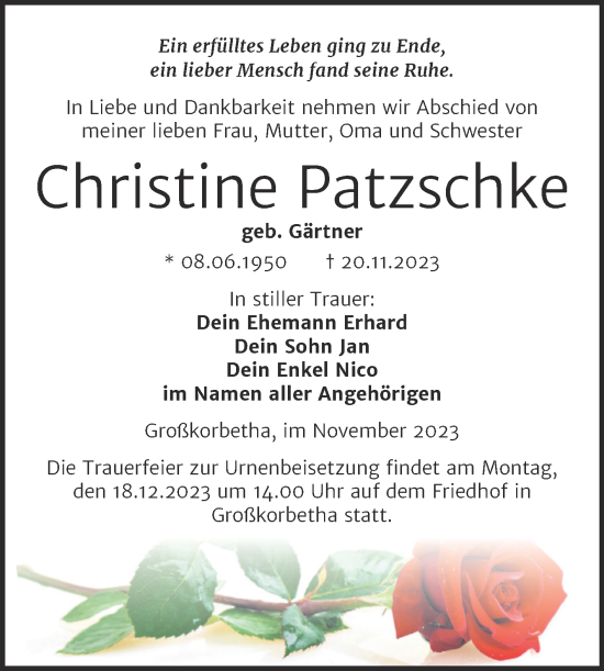 Traueranzeige von Christine Patzschke von Trauerkombi Weißenfels
