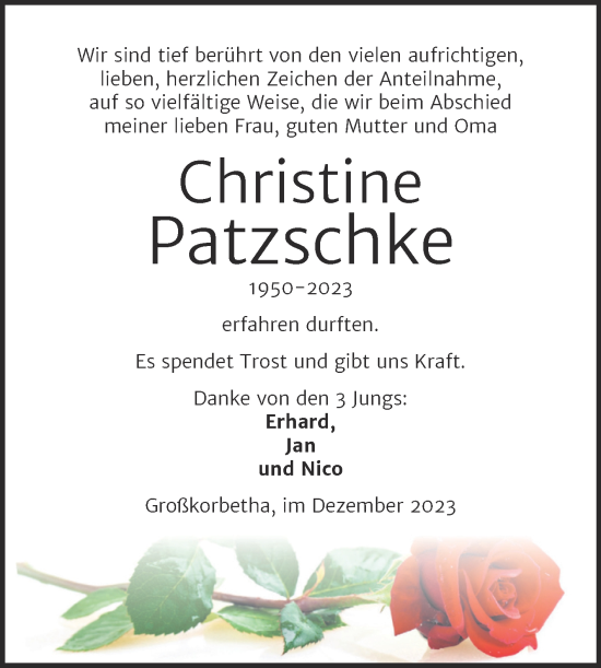 Traueranzeige von Christine Patzschke von Trauerkombi Weißenfels