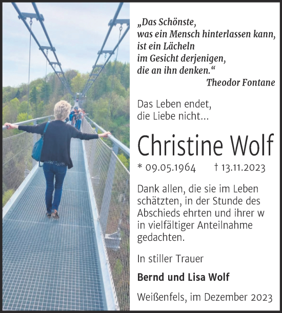 Traueranzeige von Christine Wolf von Trauerkombi Weißenfels