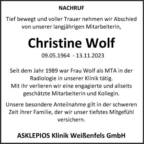 Traueranzeige von Christine Wolf von Super Sonntag Weißenfels