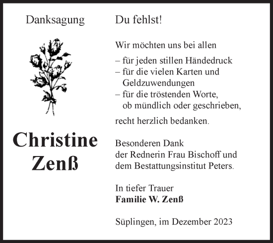 Traueranzeige von Christine Zenß von Volksstimme Haldensleben/Wolmirstedt