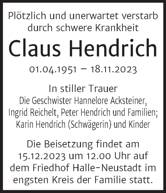 Traueranzeige von Claus Hendrich von Mitteldeutsche Zeitung Halle/Saalkreis