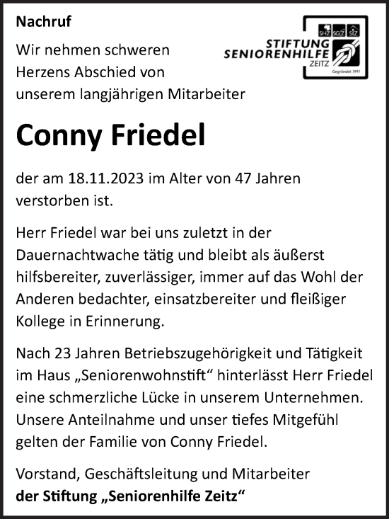 Traueranzeige von Conny Friedel von Super Sonntag Zeitz
