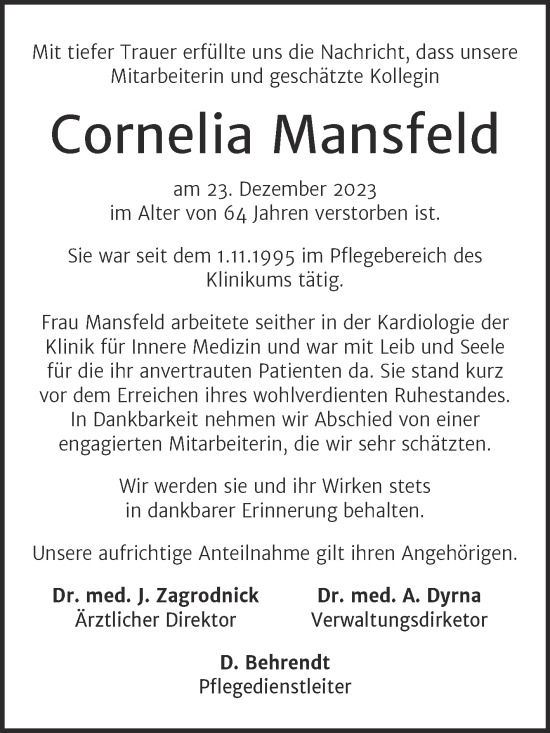 Traueranzeige von Cornelia Mansfeld von Mitteldeutsche Zeitung Dessau-Roßlau
