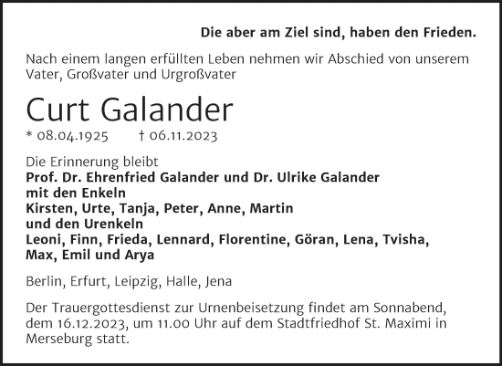 Traueranzeige von Curt Galander von Trauerkombi Merseburg