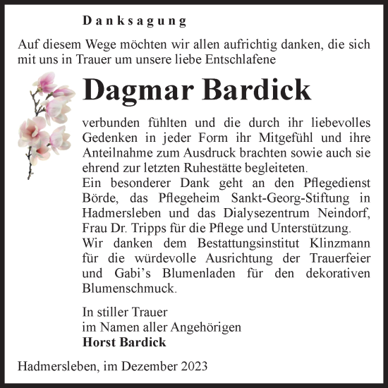 Traueranzeige von Dagmar Bardick von Volksstimme Oschersleben/Wanzleben