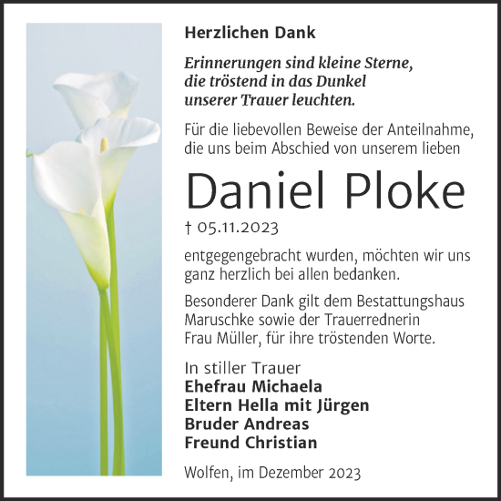 Traueranzeige von Daniel Ploke von Trauerkombi Bitterfeld