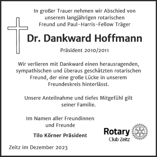 Traueranzeige von Dankward Hoffmann von Mitteldeutsche Zeitung Zeitz