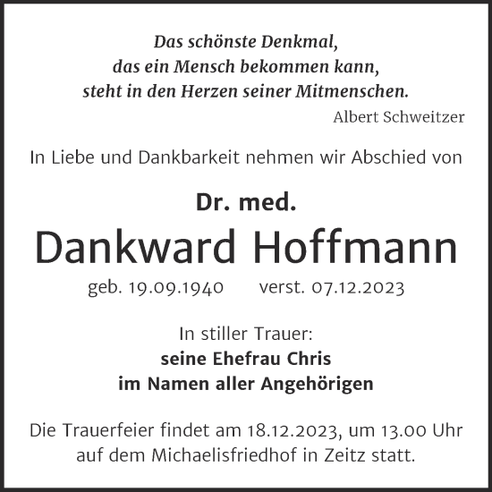 Traueranzeige von Dankward Hoffmann von Trauerkombi Zeitz