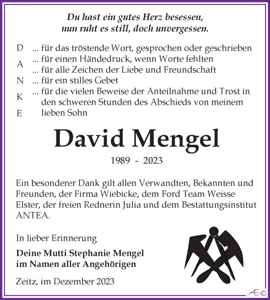 Traueranzeige von David Mengel von Trauerkombi Zeitz