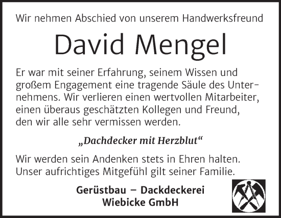 Traueranzeige von David Mengel von Naumburger Tageblatt