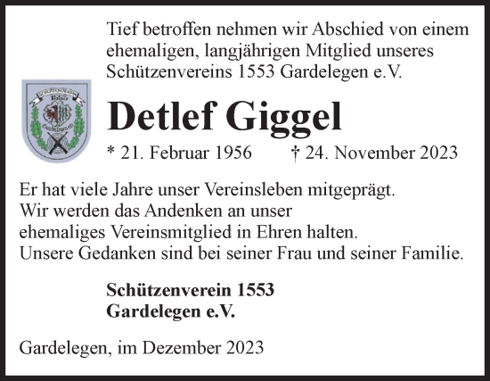 Traueranzeige von Detlef Giggel von Volksstimme Altmark West