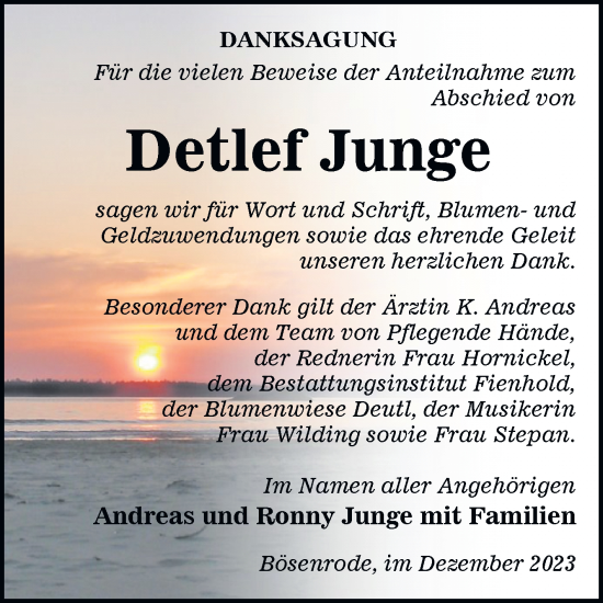 Traueranzeige von Detlef Junge von Trauerkombi Sangerhausen