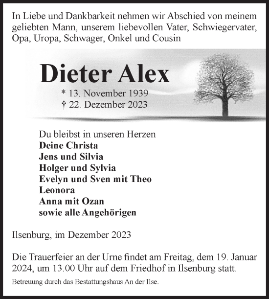 Traueranzeige von Dieter Alex von Volksstimme Wernigerode