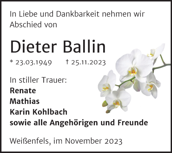 Traueranzeige von Dieter Ballin von Trauerkombi Weißenfels