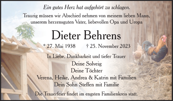 Traueranzeige von Dieter Behrens von Trauerkombi Quedlinburg
