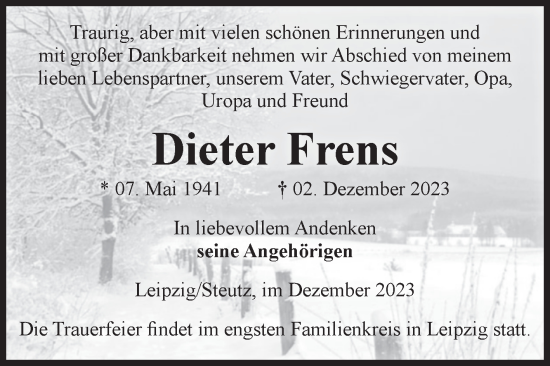 Traueranzeige von Dieter Frens von Volksstimme Zerbst