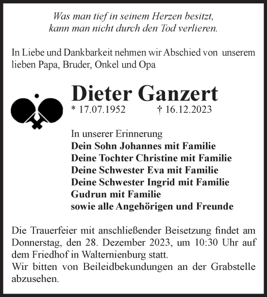 Traueranzeige von Dieter Ganzert von Volksstimme Zerbst