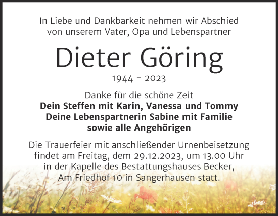 Traueranzeige von Dieter Göring von Trauerkombi Sangerhausen