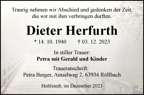 Traueranzeige von Dieter Herfurth von Trauerkombi Sangerhausen