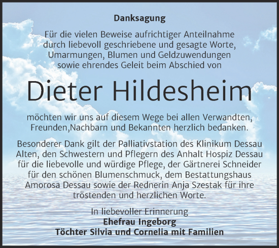 Traueranzeige von Dieter Hildesheim von Trauerkombi Dessau