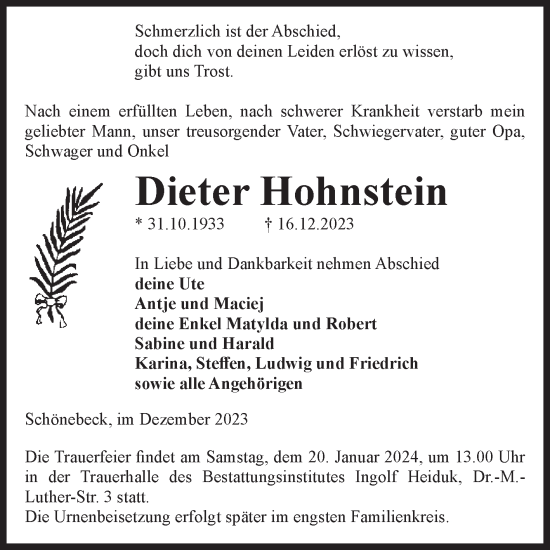 Traueranzeige von Dieter Hohnstein von Volksstimme Schönebeck