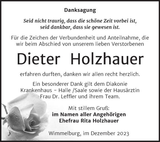Traueranzeige von Dieter Holzhauer von Trauerkombi Mansfelder Land