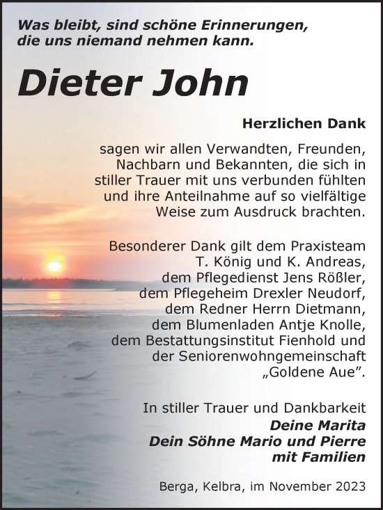 Traueranzeige von Dieter John von Trauerkombi Sangerhausen