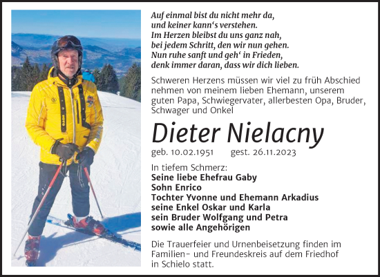 Traueranzeige von Dieter Nielacny von Trauerkombi Quedlinburg
