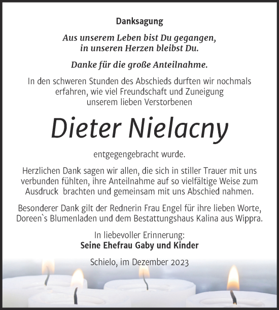 Traueranzeige von Dieter Nielacny von Trauerkombi Quedlinburg