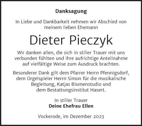 Traueranzeige von Dieter Pieczyk von Trauerkombi Wittenberg