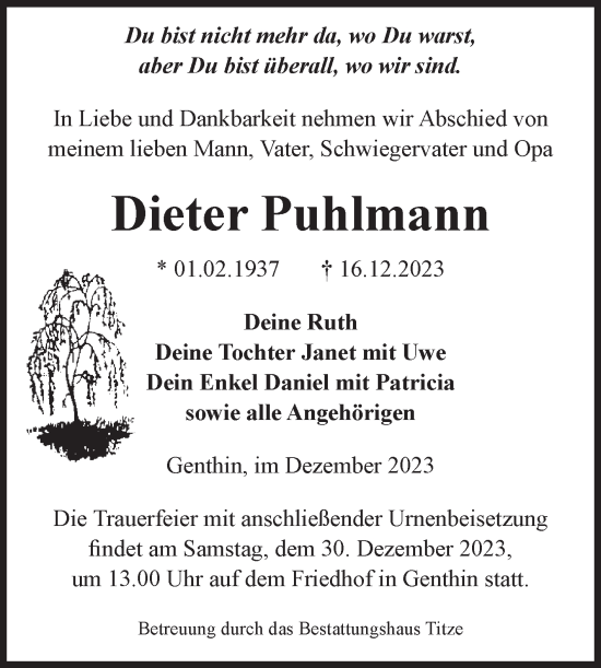 Traueranzeige von Dieter Puhlmann von Volksstimme Burg/Genthin